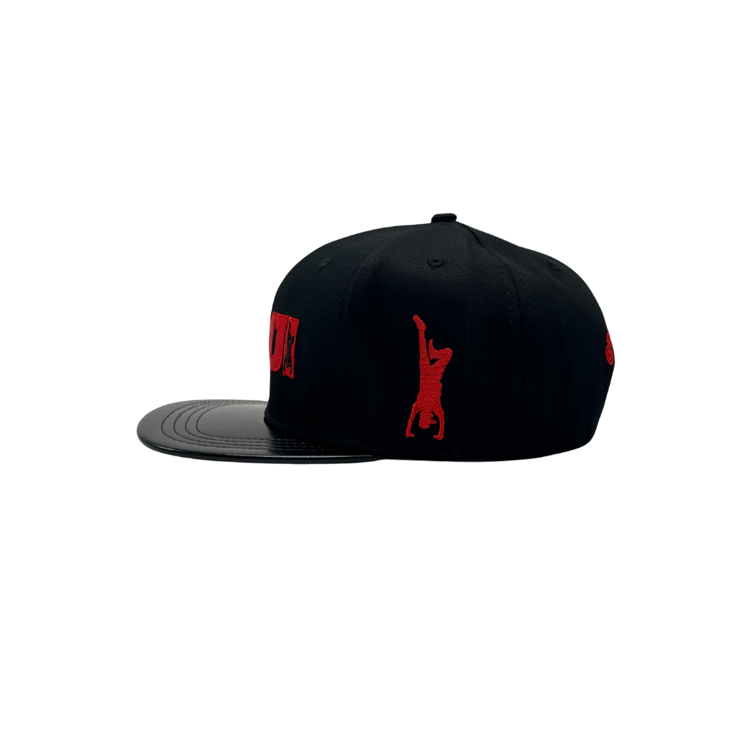 Benji Black Cotton fabric and PU leather brim Snapback cap