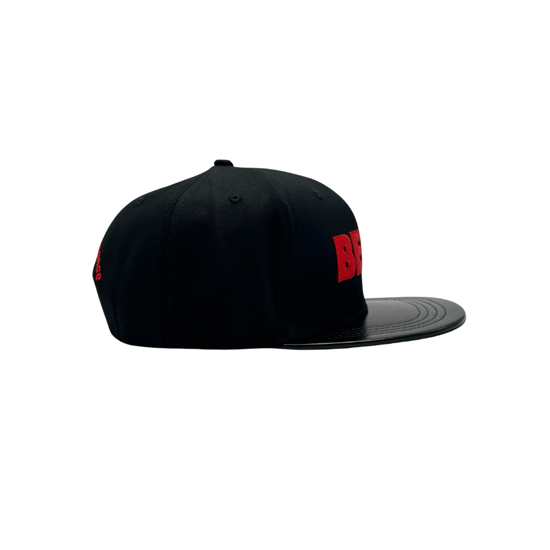 Benji Black Cotton fabric and PU leather brim Snapback cap